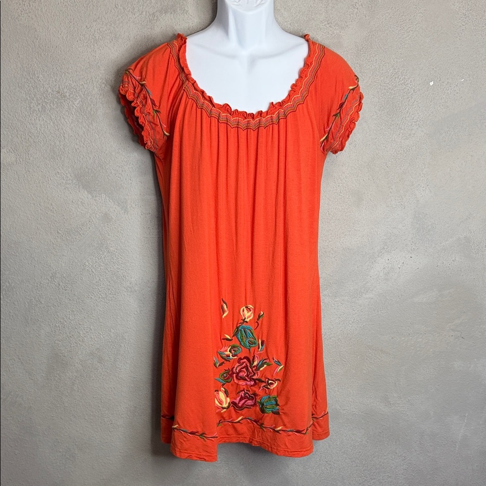 Angie Bright Orange Tunic with Floral Design